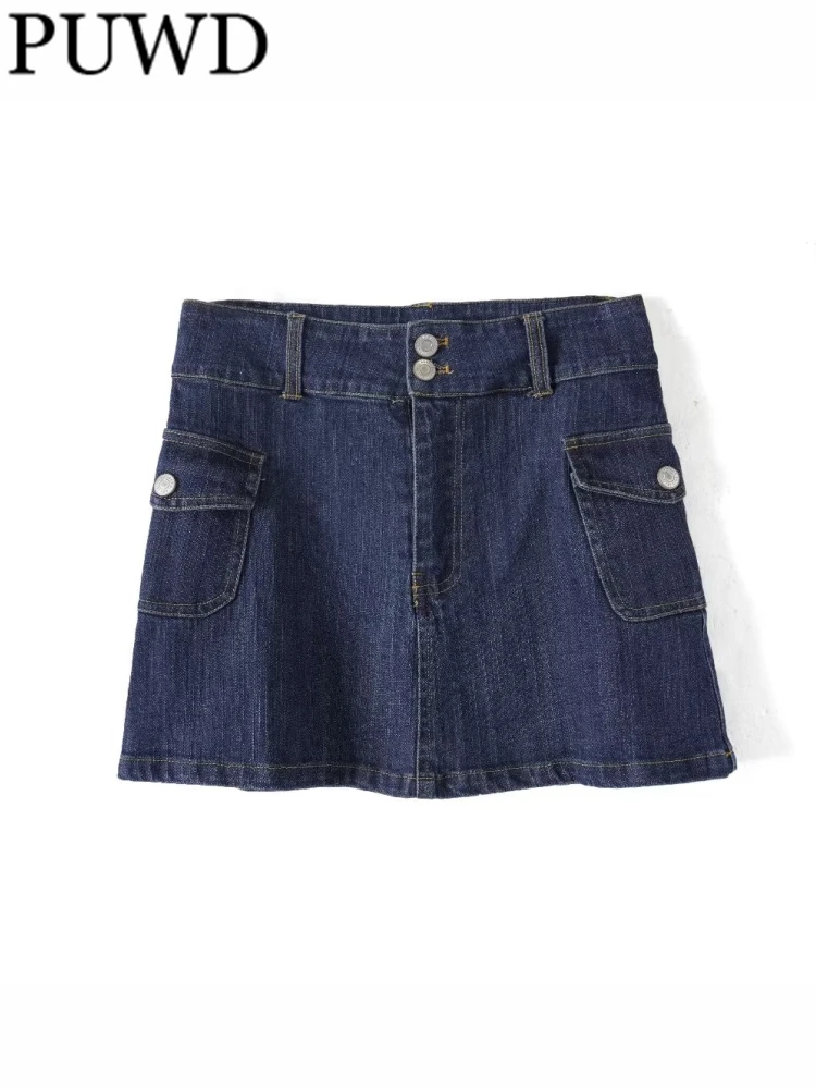 

PUWD Casual Women Blue Denim Mini Skirts 2023 Summer Fashion Ladies Vintage High Waist Side Pockets Female Bottoms Chic