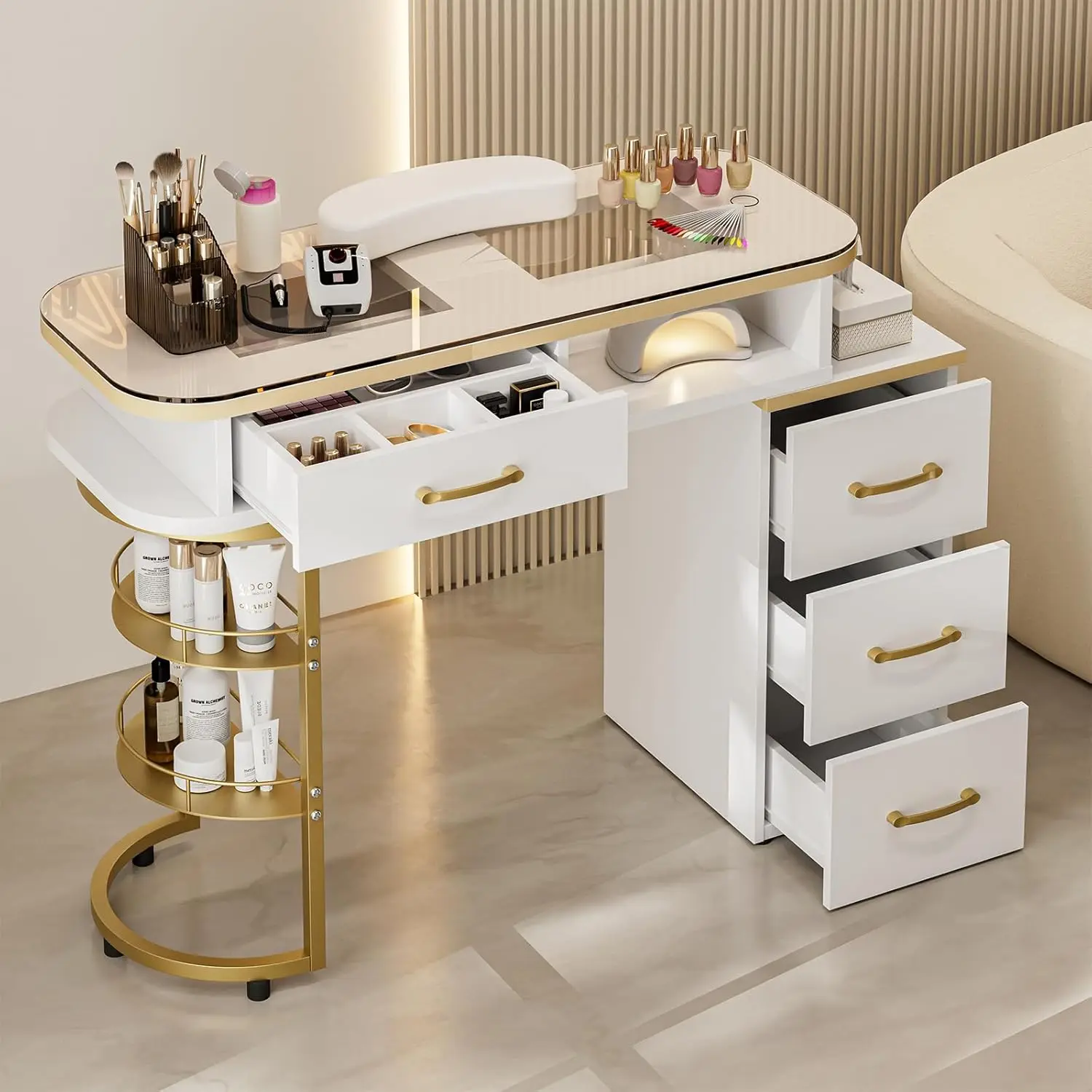 

Маникюрный стол для мастера маникюра, стеклянная столешница, 4 выдвижных ящика и 2-уровневые полки для хранения, для салонов красоты, на заказ