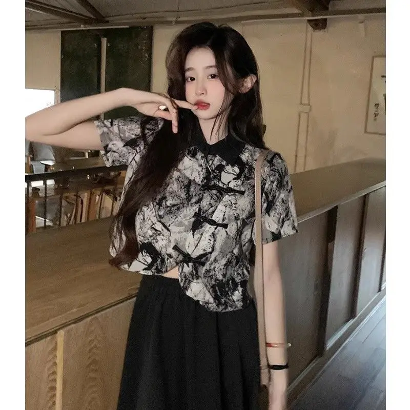 

Shirts Women Velvet Flocked Mandarin Collar Flare Sleeve Cocktail Banquet Luxurious Blouse For Socialite Women Evening Events