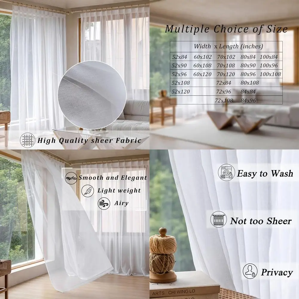

Широкие полупрозрачные шторы под лен 72x96 дюймов с плиссировкой и крючками для гостиной, спальни, светопропускающие, 1 панель, белые