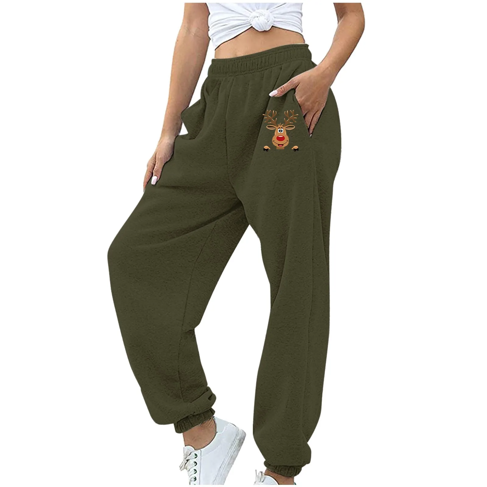 Damen Herbst kleidung gerades Bein lose einfarbige Weihnachts druck Jogger hose hohe elastische Taille Jogging hose Streetwear