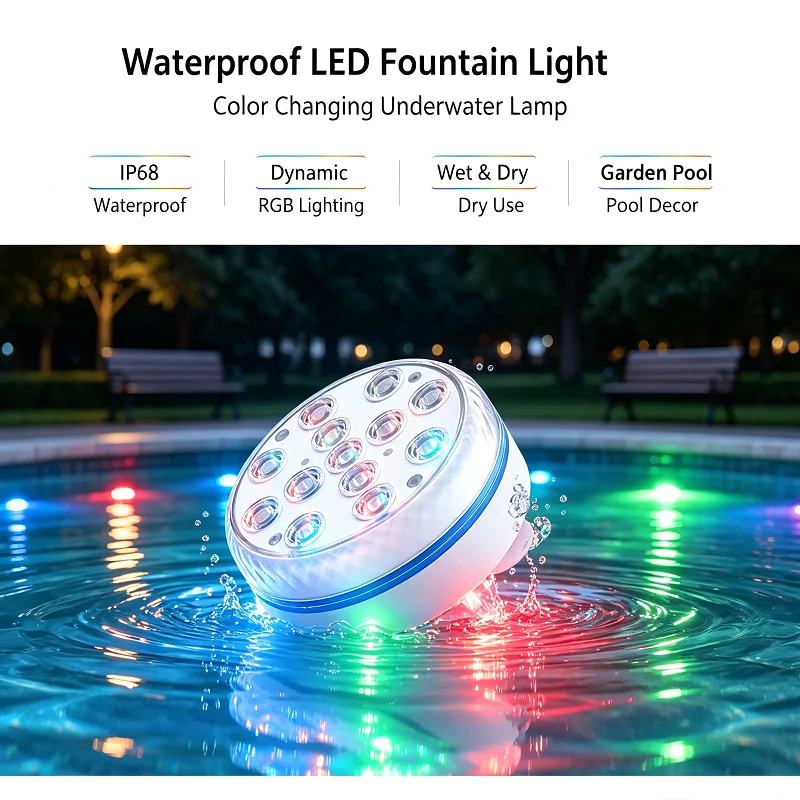 USB Rechargeable IP68 Waterproof Swimming Pool Decoration LED Underwater Landscape Magnetic Remote Control Diving Night Light