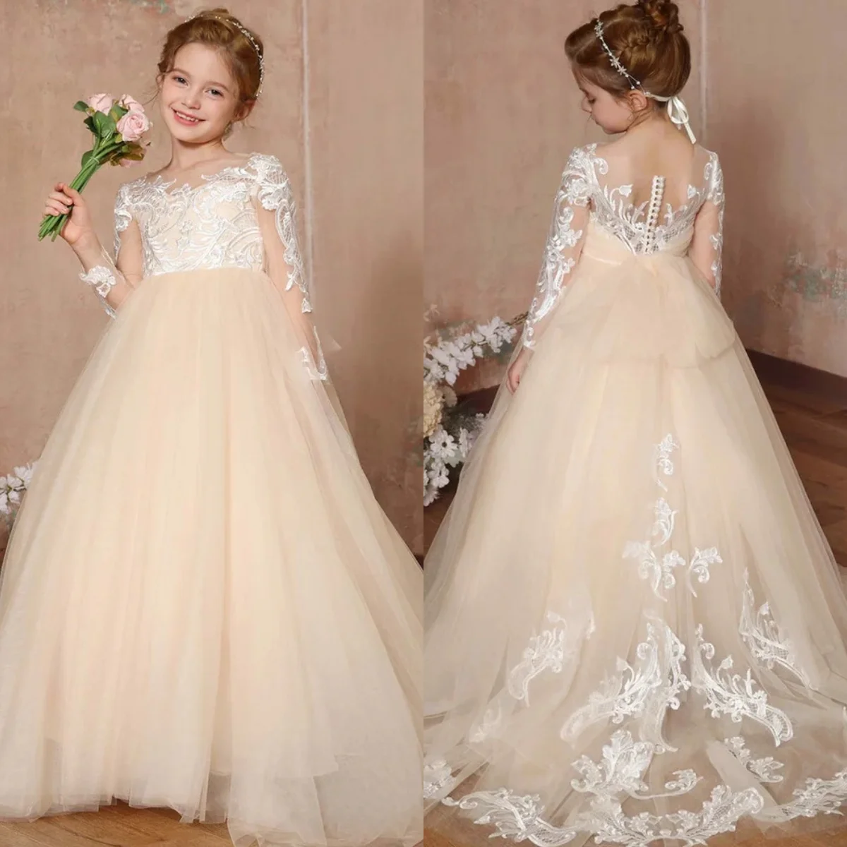

Elegant Lace Flower Girl Dress Puffy Tulle Customized First Communion Maxi Gown for Toddlers Party Dress