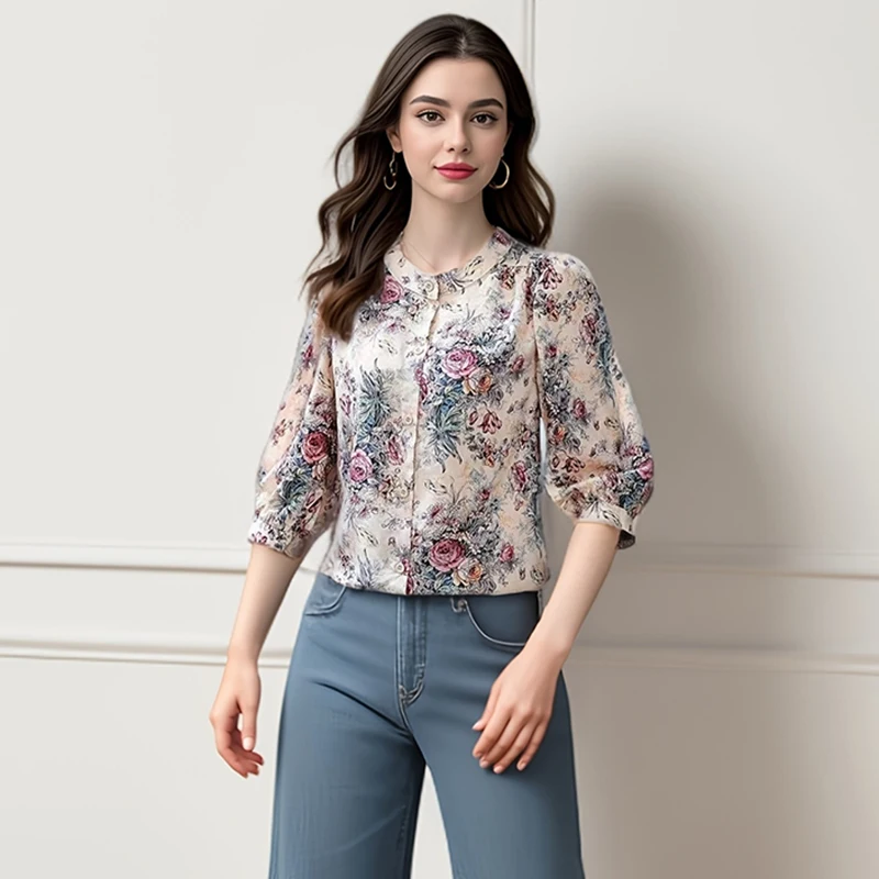 หรูหราสบายๆดอกไม้เล็กๆ O-คอเดี่ยว Breasted TopThree-quarter แขนยาวสําหรับผู้หญิงเสื้อและเสื้อแนวโน้ม