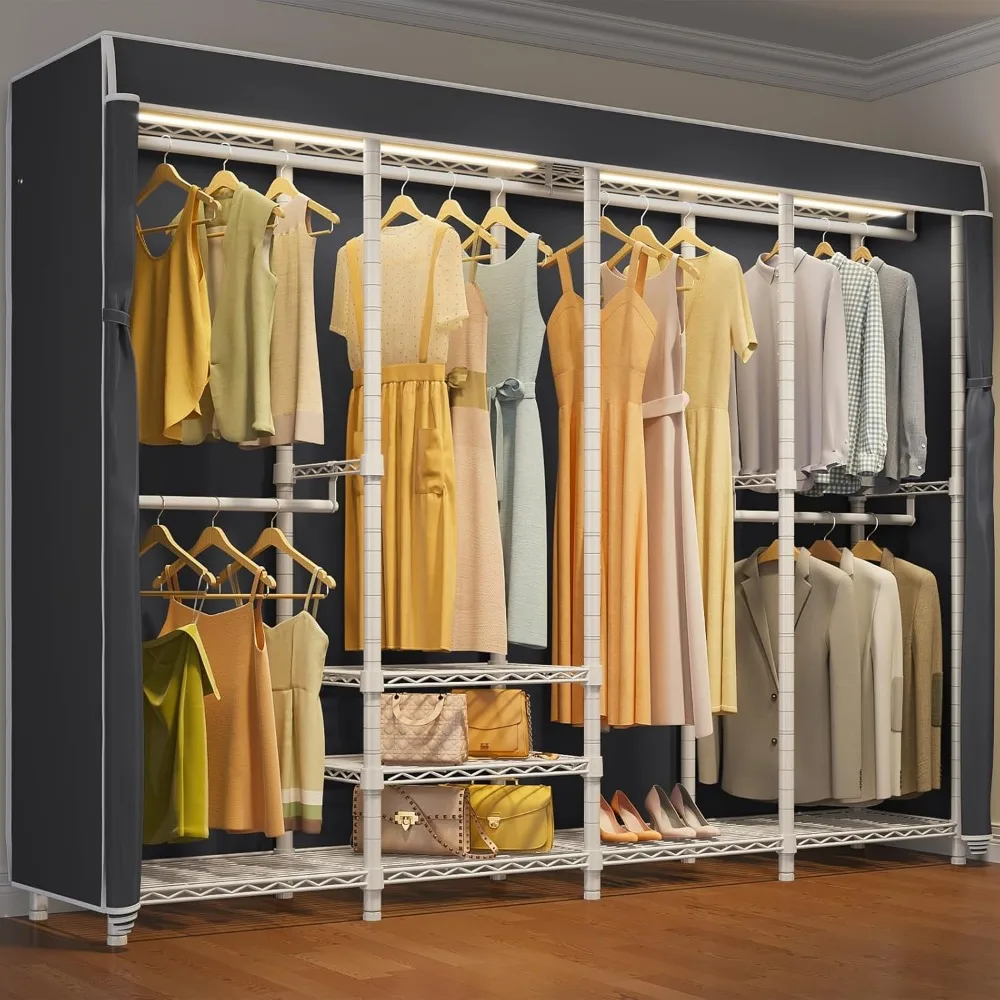 Adjustable-LED Heavy-Duty Portable Closet Wardrobe White Frame Black Oxford Cover