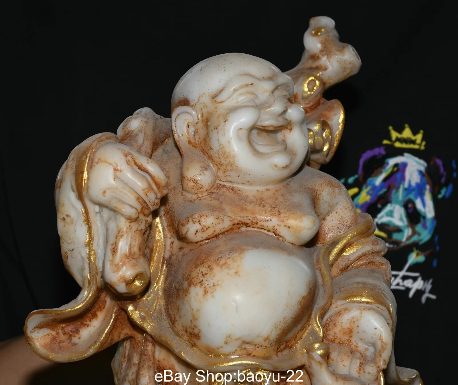 Old Dynasty Buddhism Temple White Jade Gilt Happy Laugh Maitreya Buddha Statue