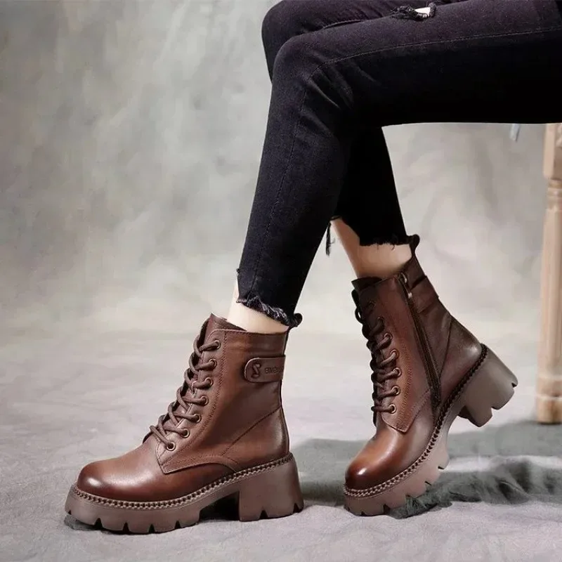 

Trend Women Shoes Autumn Non-slip Leather Boots Zip Round Toe Shoes for Women Concise Leisure Sewing Platform Boots Botas Mujer