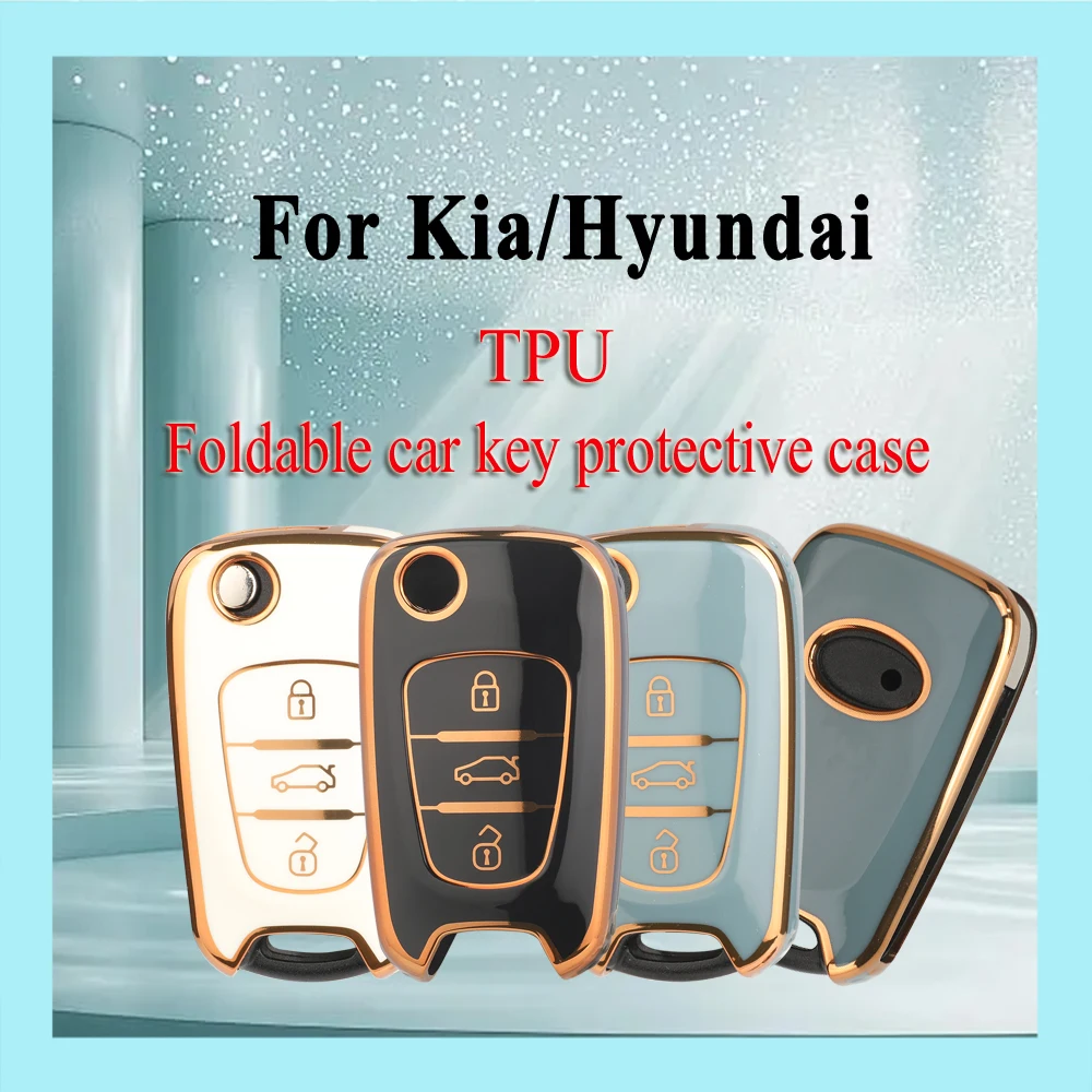 Casing Pelindung Kunci Mobil TPU jingyuqin Untuk Kia B/Hyundai E - Tanpa Lubang - Mengkilap, trim emas hitam Putih abu-abu - garis samping