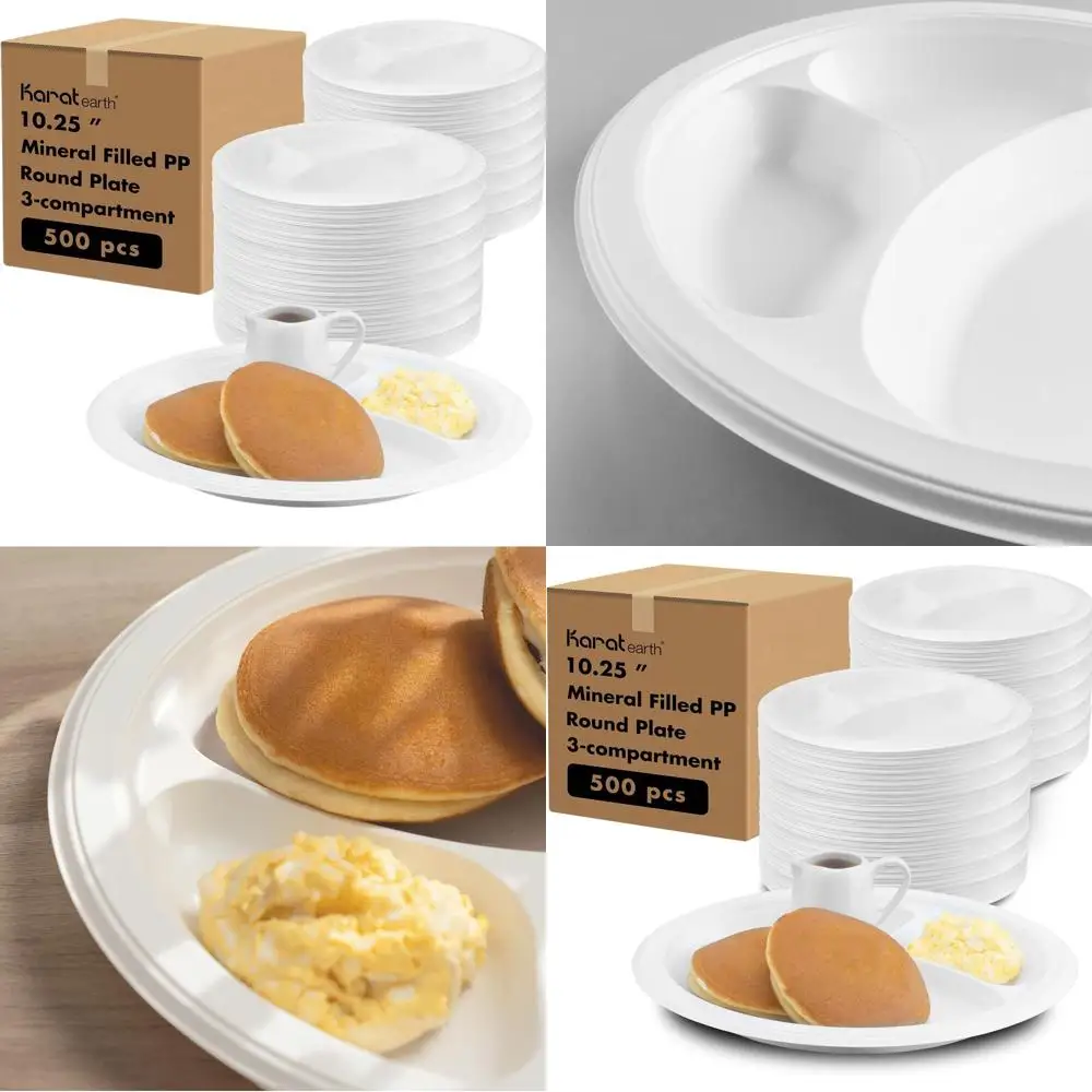 Paquete de 500 10 platos desechables blancos resistentes de 3 secciones: plástico PP ecológico con infusión mineral, minimiza los residuos de plástico