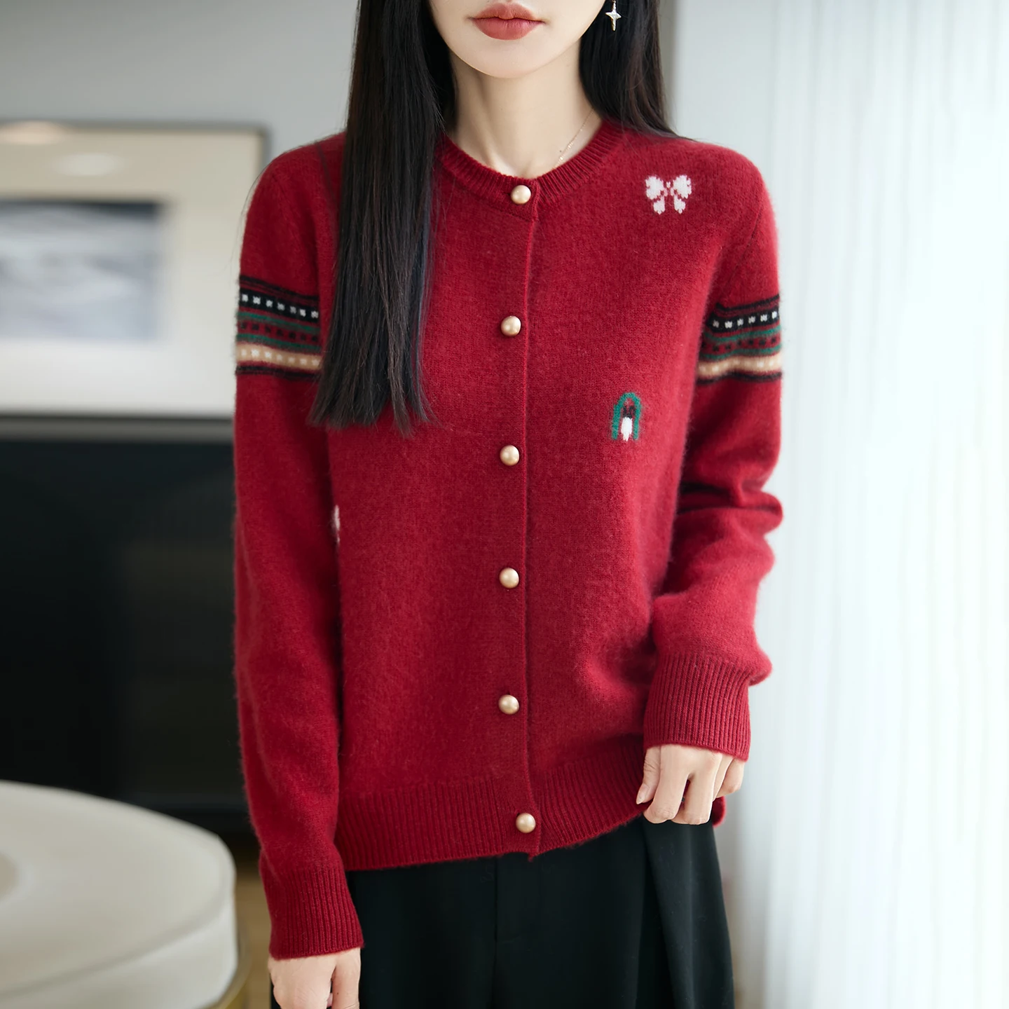 Thickened 100% pure wool cardigan women's round-neck knitted sweater loose cashmere sweater jacket women