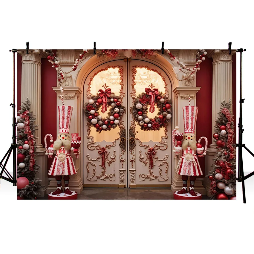 Mehofond Christmas Arch Door Wreath Photography Background Pink Toy Soldiers Xmas Tree Decor Backdrop Kids Portrait Photozone