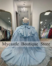 Sky Blue Tulle Beaded Quinceanera Dresses 2024 With Bow Crystals Sweet 16 Dress Birthday Party Dress Lace-up Vestidos De 15 Años