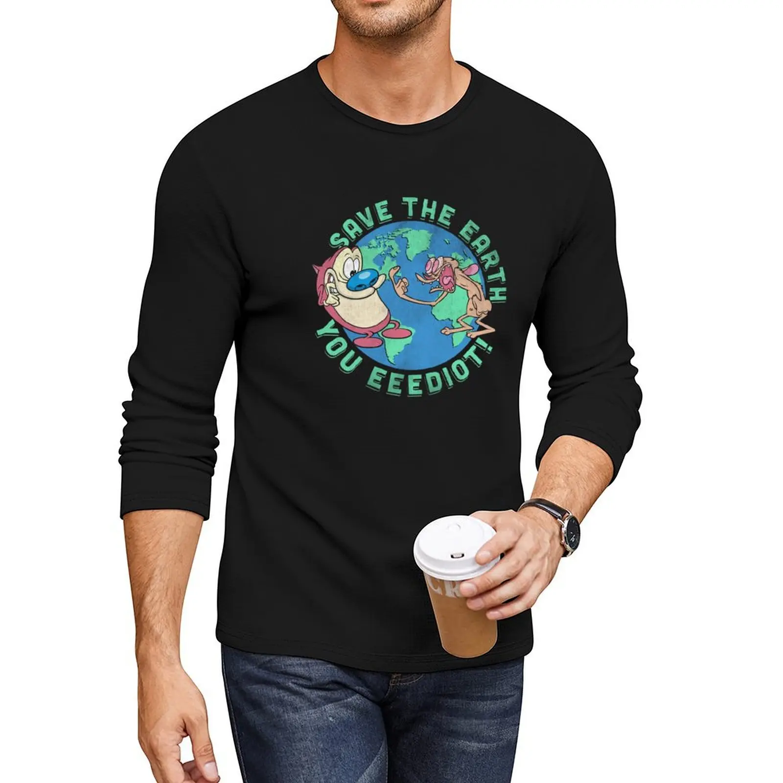 Ren and Stimpy Save The Earth You Eeediot Earth Day Vintage Long T-Shirt quick-drying t-shirt mens t shirts casual stylish