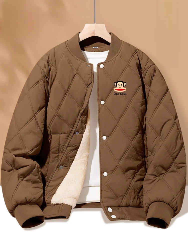 

Thiened Fce Lined Baseball Collar Men's Cotton Jaet Winter Warm Youth Faion Stand Fit Pure Color Coat