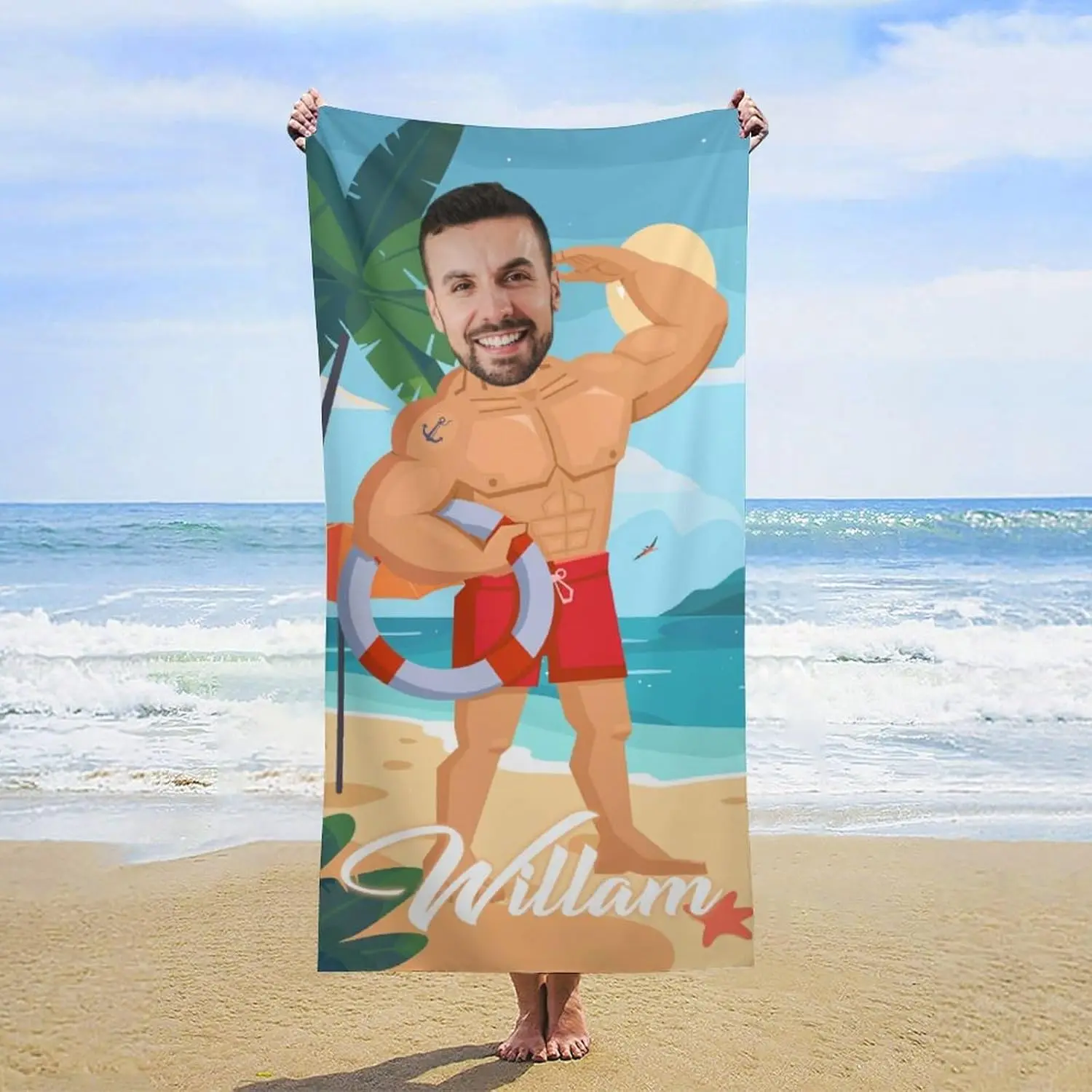Personalized Beach Towels with Name Face Photo, Custom Funny Muscle Body Beach Towel for Adults Men Teen Boys