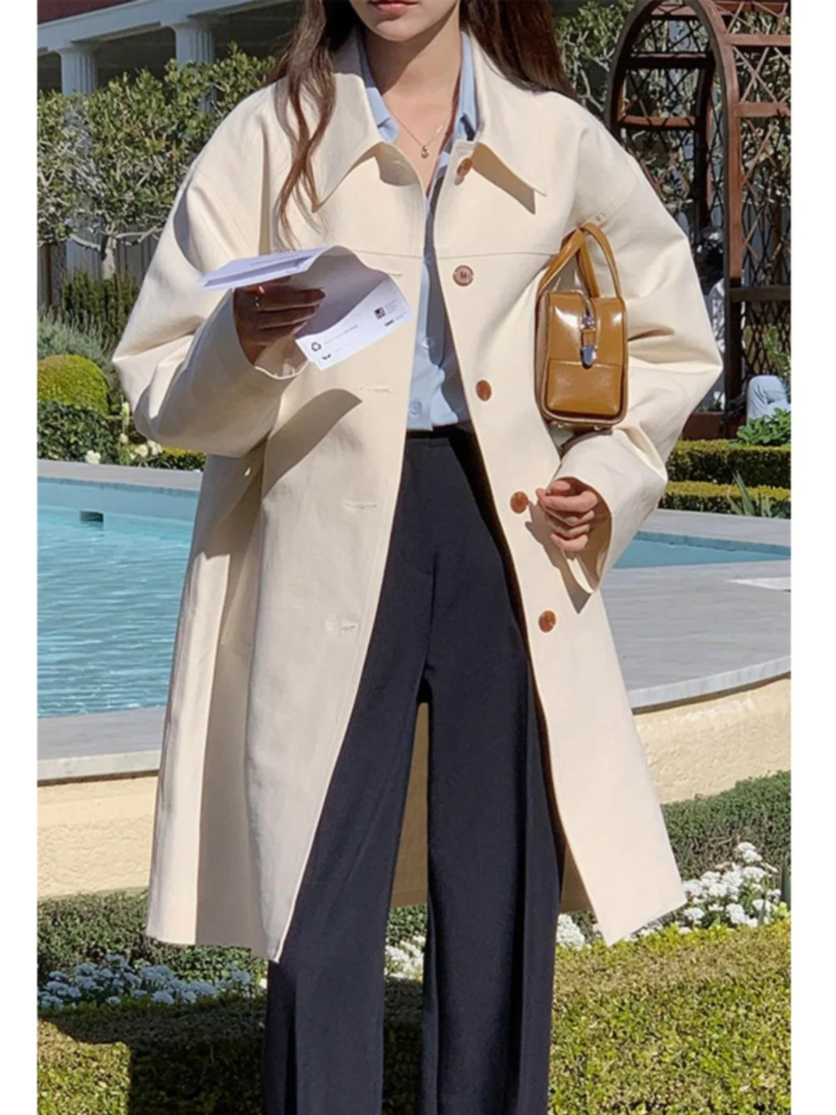 

Loose Casual Women's Windbreaker Coat Spring 2024 New Vintage Turn-down Collar Single Button Khaki Mid-length Top