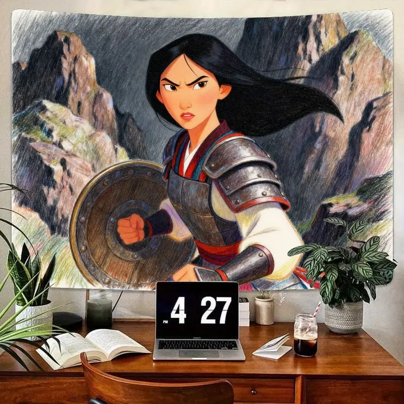 1 szt. Gobelin Disney Mulan Wojowniczka, Wyrazista Moc Dziewczyny Księżniczka Poliestrowa Dekoracja Ścienna do Salonu Sypialni Pokoju Studenckiego.