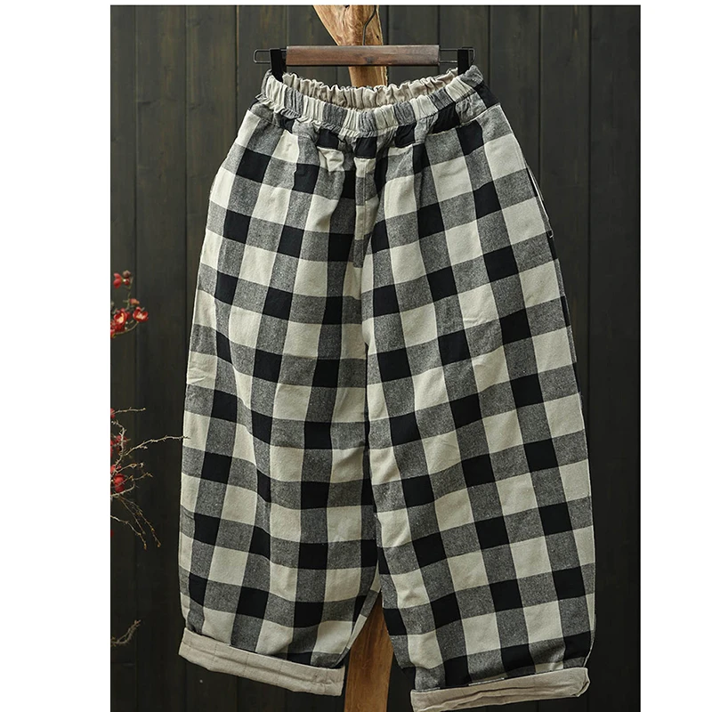 

Новое поступление 2025, зимние женские брюки до щиколотки, повседневные свободные хлопковые клетчатые теплые утолщенные шаровары с эластичной резинкой на талии M124