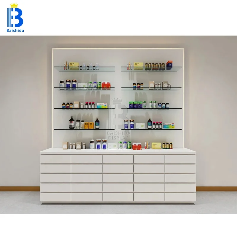 

custom.New Design Pharmacy Display Cabinet with Drawer Display Table MDF Paint Luminous Pharmacy 3D Design