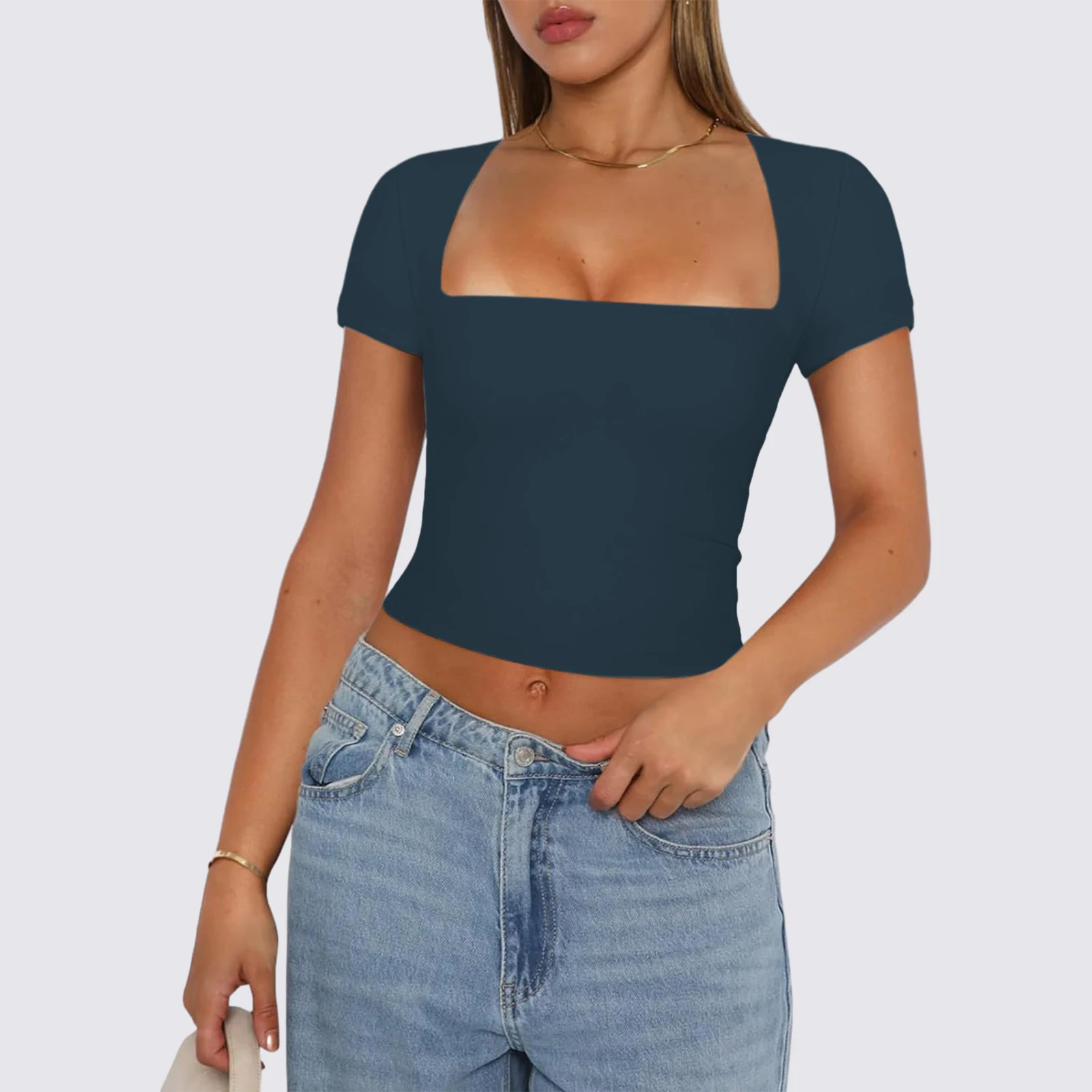 Women Short Sleeve Crop Tops Solid Color U-Neck Casual T-Shirts Summer Slim Fit T Shirts Club Streetwear