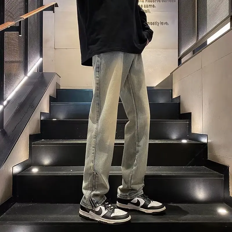 

Trendy Straight Leg Men's Jeans High Street Vibe Spring Autumn New Style Fashionable Flared Legs Durable Wear Resistant