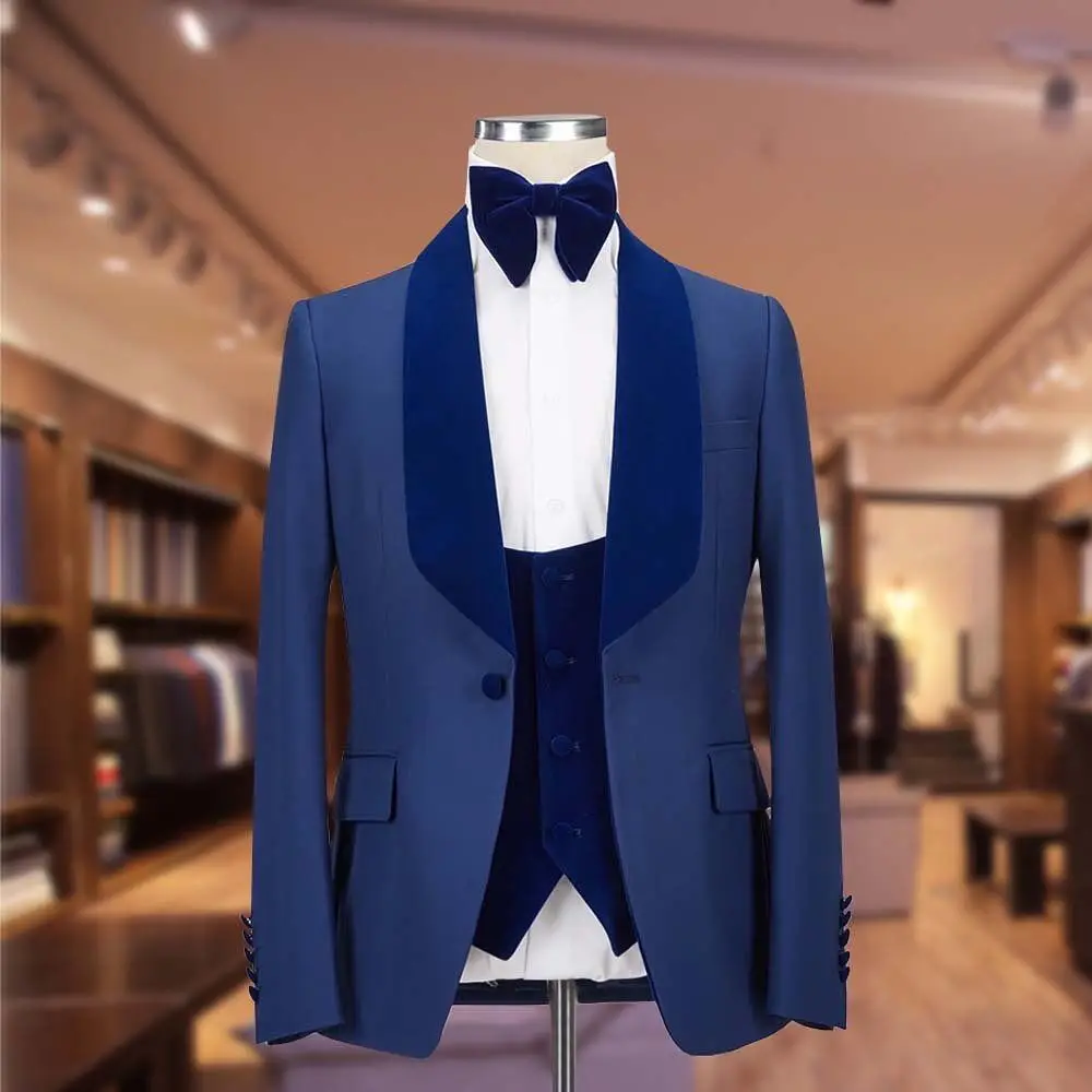 

Blue Men's Suits One Button Shawl Lapel One Button Costume Homme 3 Piece Jacket Pants Vest Elegant Prom Party Male Clothing