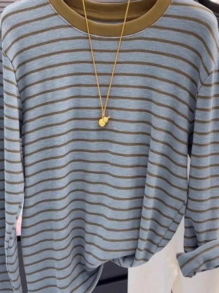 

Корейская и японская высококачественная женская модная свободная облегающая блузка больших размеров с цветными полосками и длинными рукавами, базовая модель для ношения под одеждой