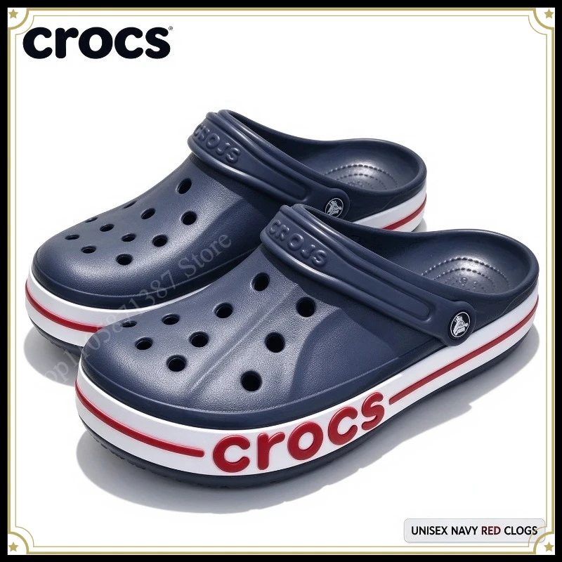 Zuecos Crocs Bayaband Unisex Azul Marino con Letras Rojas, Zapatos de Verano con Orificios, Sandalias de Jardín Antideslizantes de EVA, Zapatos Casuales de Playa para Exteriores, Zapatos Sin Cordones