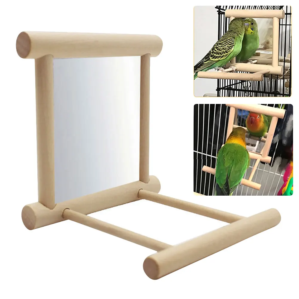 Espejo de madera para pájaros, juguete interactivo con perca para loros pequeños, periquitos, cacatúas, accesorios para jaula
