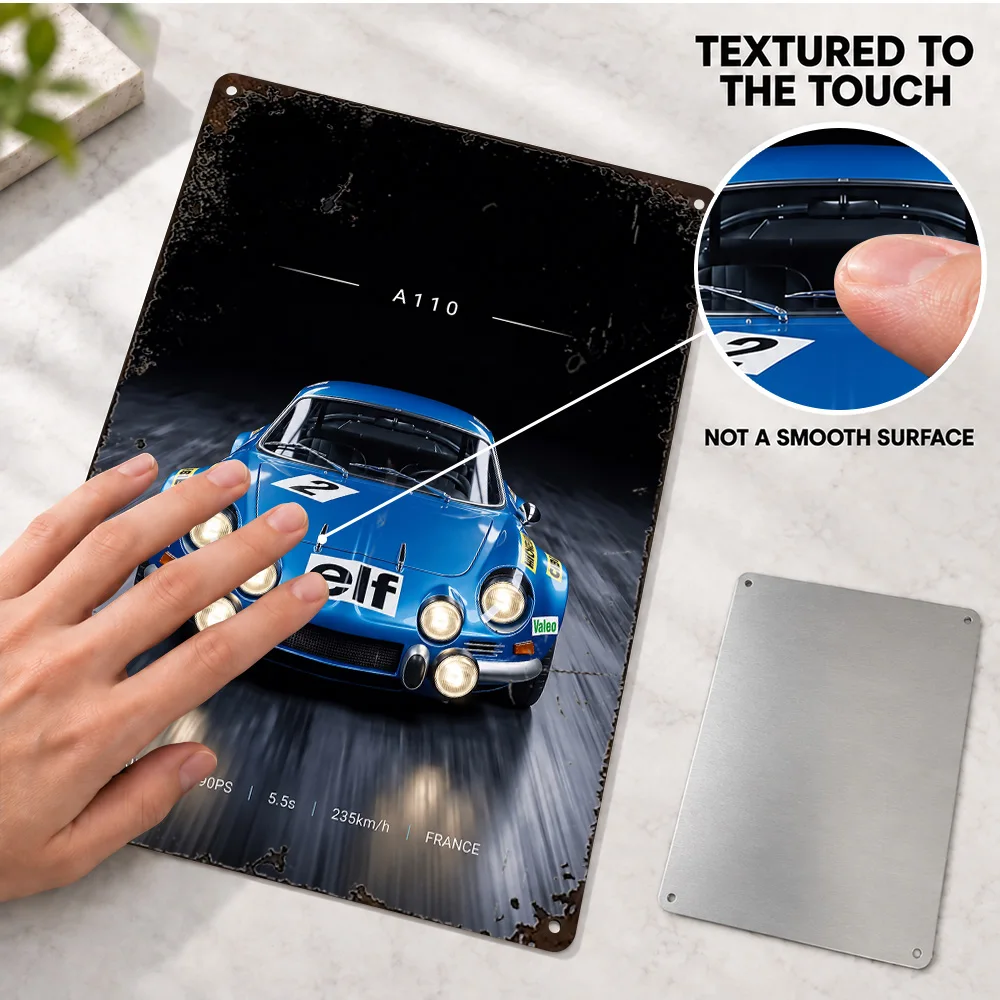 Alpine A110 Race Car Textured Metal Poster Customized Aluminum Sign Technical Graphic Design Wall Art For Garage Collector Gift