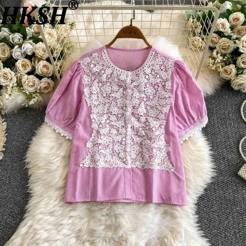 

HKSH Women Shirt Sweet Elegant Lace Patchwork Striped O-Neck Single Breasted Loose Casual Short Sleeve Trendy Ins Blouse HK25122