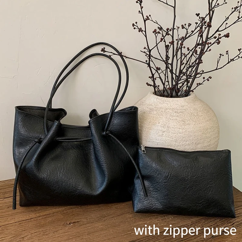 

Винтажные женские сумки-тоут из искусственной кожи, однотонные рабочие сумки-тоут большой вместимости, простые женские сумки на шнурке, кошелек