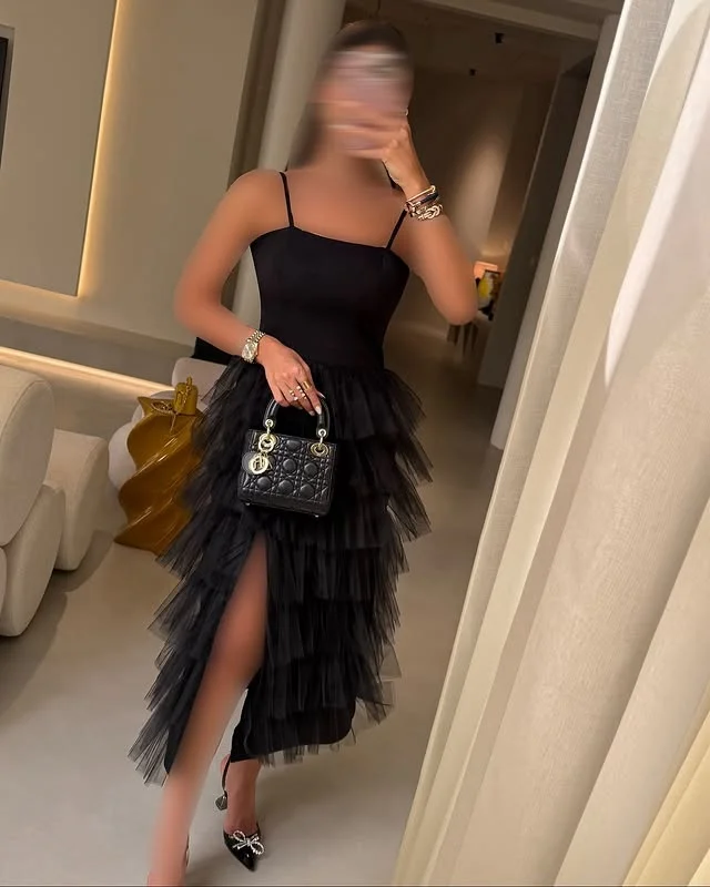 Vestido de fiesta con gradas de espagueti negro, vestidos de noche sexys de satén y tul con abertura alta, vestido de fiesta de cóctel para niñas