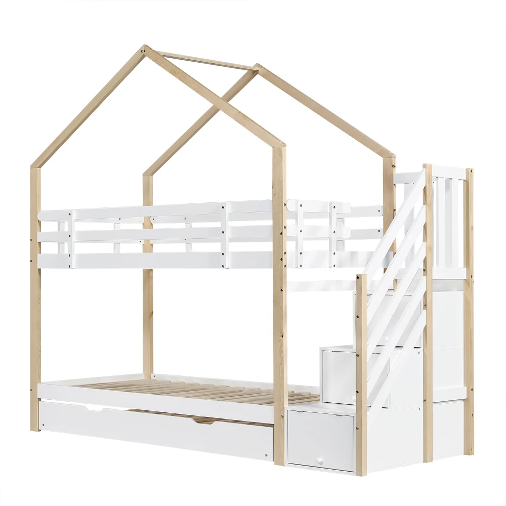 PINGGO Naturweißes Holzhausbett 90x200+90x190cm Kinder-Etagenbett mit Rutsche, Treppe, 3 Schubladen, Sicherheitsgeländer, ohne Matratze – Detail 14