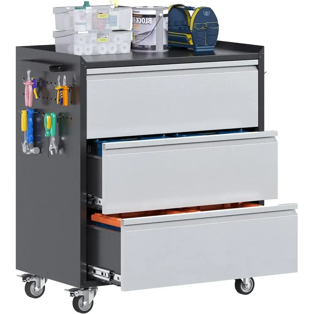 Rolling Tool Storage Cabinet with Drawers, Side Pegs, Lever Handle, Lockable Wheels, 18.11 x 30.3 x 35.4, Assembly Needed