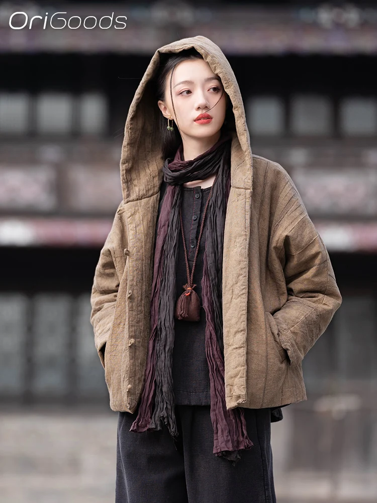 OriGoods Winter Hooded Coat Women Thick Warm Cotton Quilted Coats Oversized Winter Jacket Clothes Chinese style Mori girl C004