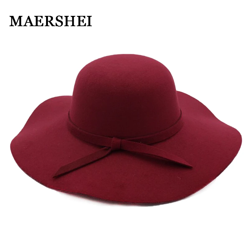 MAERSHEI Vintage black woolen hat dome bow lotus leaf big hat lady autumn and winter fedoras women\'s fashion jazz hat