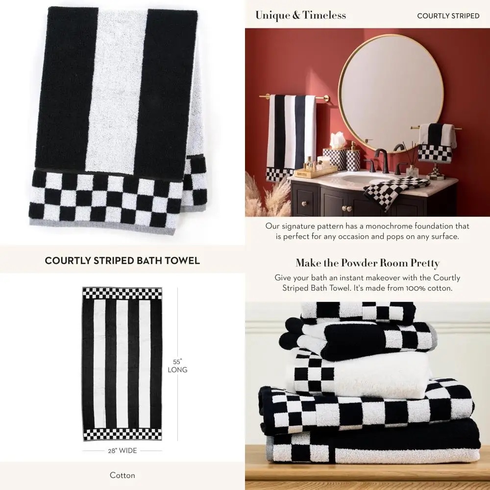 

Decorative Cotton Bath Towel, Elegant Black and White Striped, Ideal for Bathroom Style Enhancement