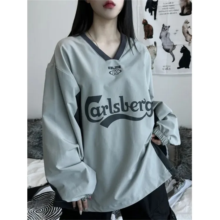 الرجعية الرياضة اللون بلو فضفاض الأمريكية Sle V-Ne البلوز النايلون البلوز ex الخريف الشتاء جديد وصول الشارع Sle