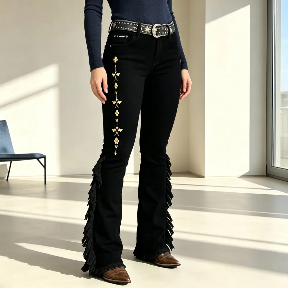 Bohemian multicolor arrow black jeans sewing pink pants washing face hard leather pants Stretch Denim leg pants
