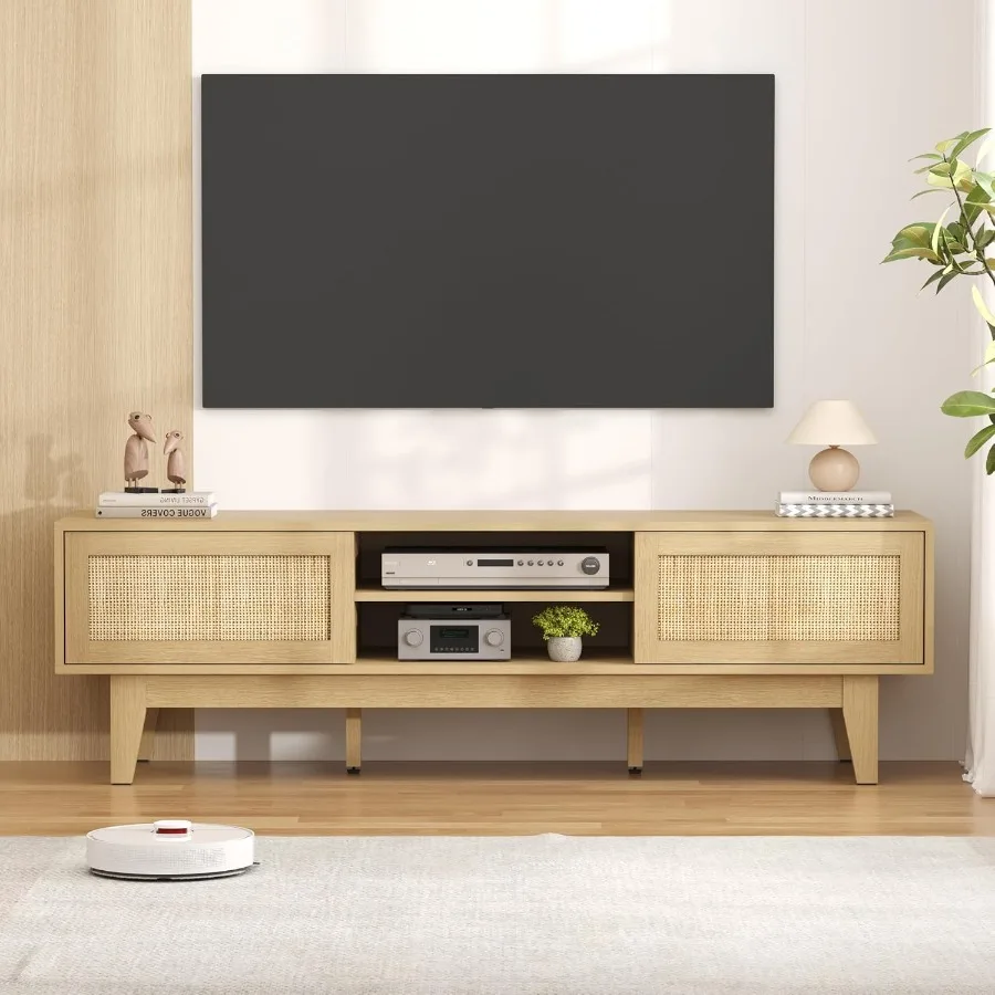 حامل تلفزيون لمركز الترفيه في المزرعة مقاس 65 بوصة مع طاولة وحدة تحكم الوسائط الخشبية لباب الحظيرة المنزلقة باللون الطبيعي من الروطان