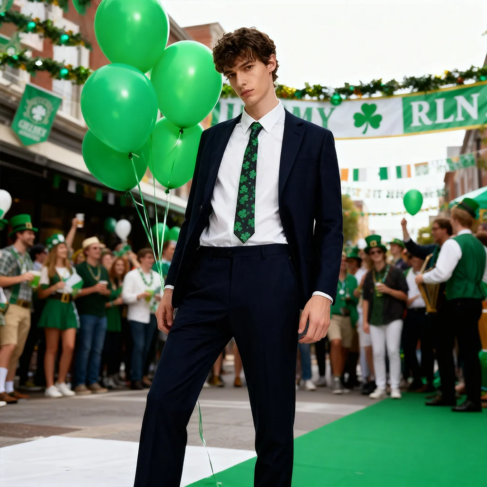 Lucky St. Patrick’s Day Costume Accessory: Shamrock-Print Necktie – Festive Green & Black Irish Celebration Outfit Accent