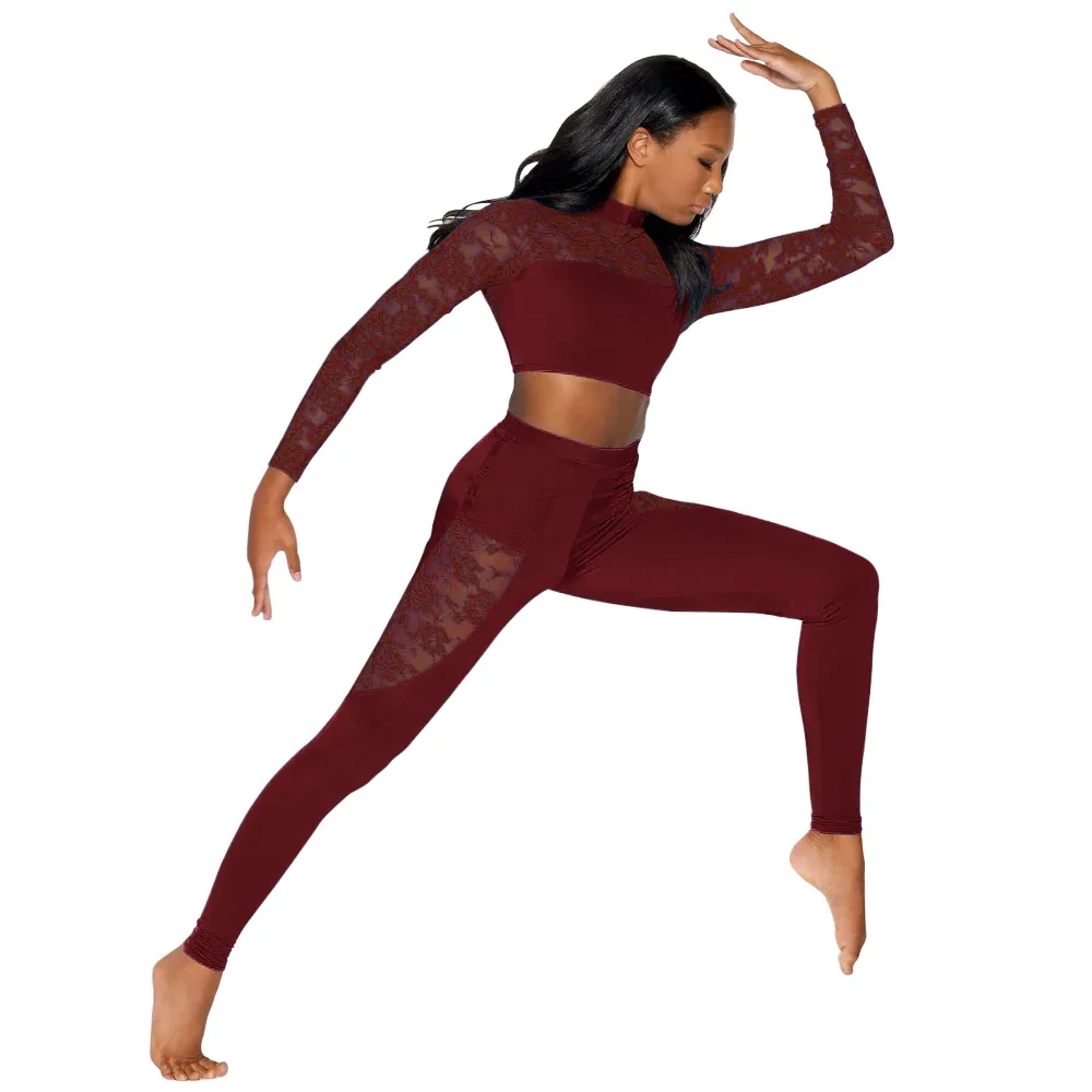 MiDee-ropa de baile de Jazz de encaje para mujer, Top corto de manga larga, mallas, conjunto de 2 piezas, Ropa de baile callejero para chica guay, traje Kpop