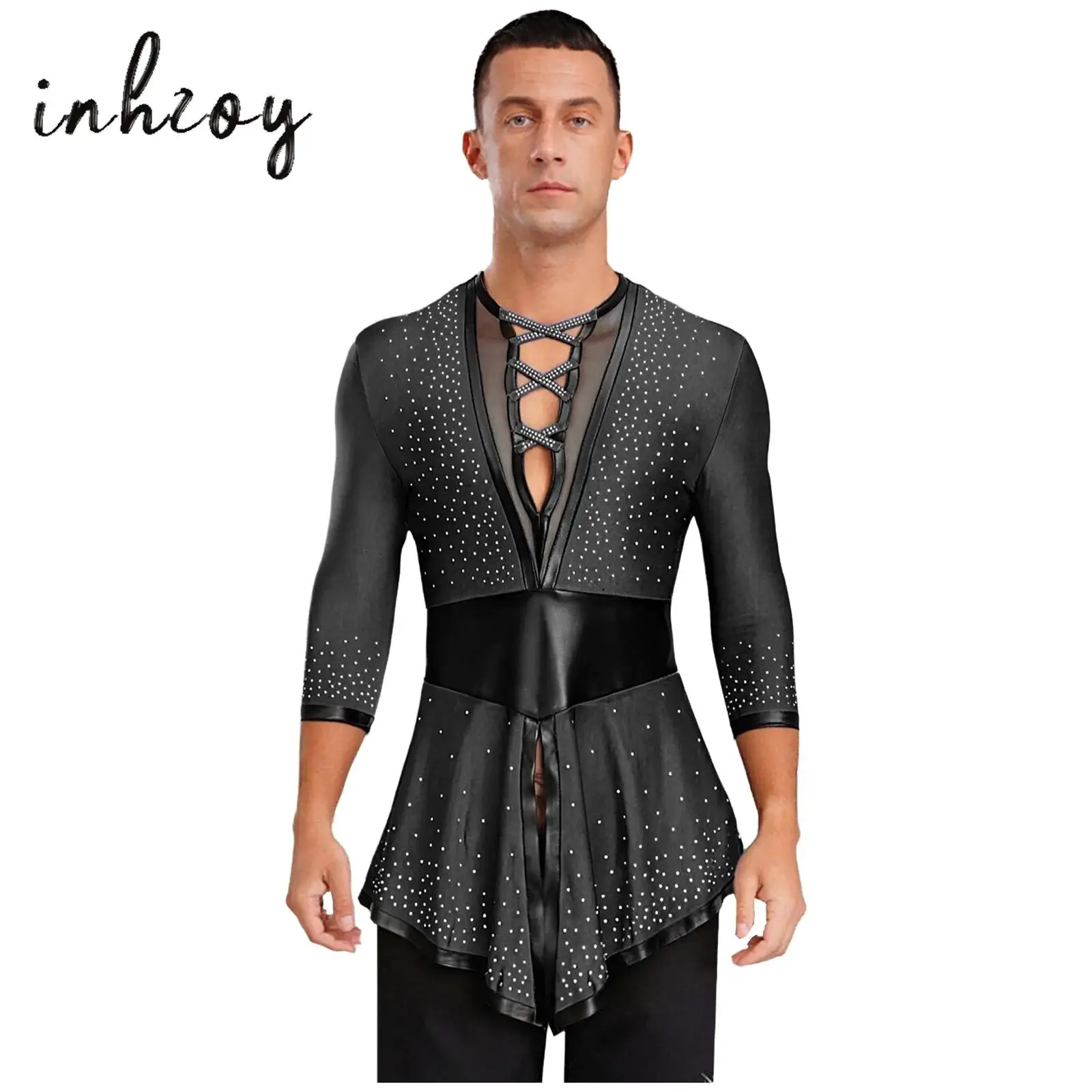 Mens Tango Latin Dance Top Gothic Shiny Rhinestones Contrast Color Long Sleeve Swallowtail Shirt Tops for Flamenco Ballrooms
