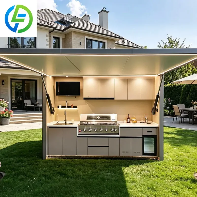 BBQ Grill Outdoor Kitchen Pod Modular Cabinets Waterproof Aluminum Roller Shutter Backyard Patio Cooking Area Station Marble