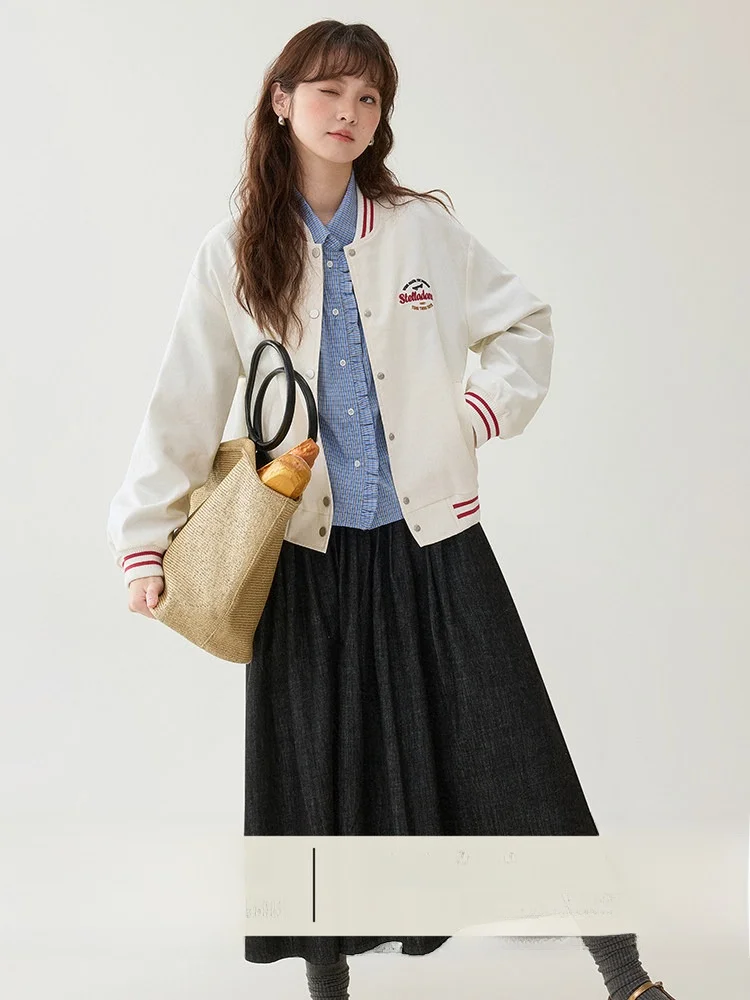 

AMUU Original American Contrast Color Embroidered Baseball Jaet Women's Spring New College Sle Long Sve Top