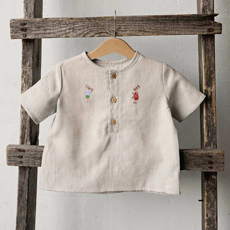 2024 Clibeso Summer New Children\'s Loose Cotton Linen Top Boys\' Solid Color Shirt Long Sleeve Embroidered Animals Kids Clothes