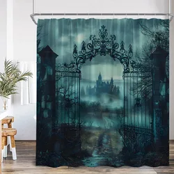 Haunted House Scary Night Shower Curtain Full Moon Gothic Castle Pumpkin Lantern Spooky Bathroom Decor Halloween Bath Curtain