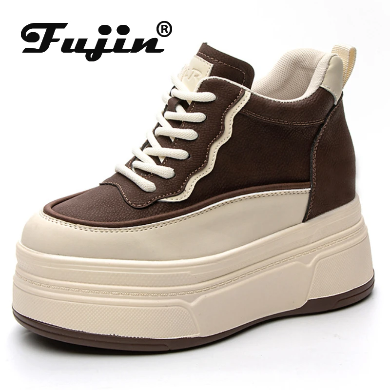 Fujin 7cm naturalne buty do kostki ze skóry naturalnej wysokie buty damskie na platformie na koturnie ukryty obcas zimowe jesienne ciepłe pluszowe