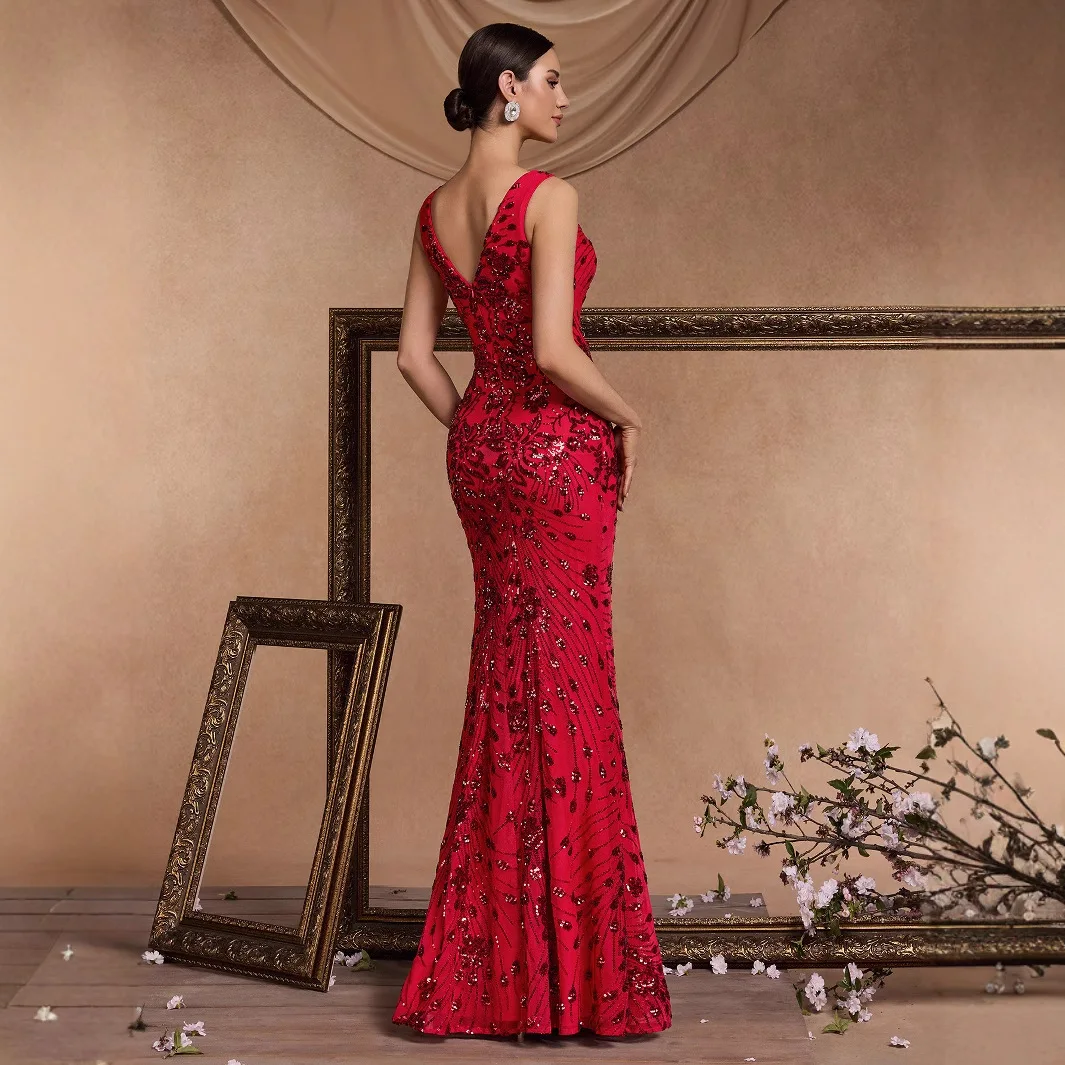 V Neck Thin Strap Star Burst Shimmer Sequin Mermaid Dress Red with Front Ruched Waist & High Slit Gala Wedding Cocktail Gown